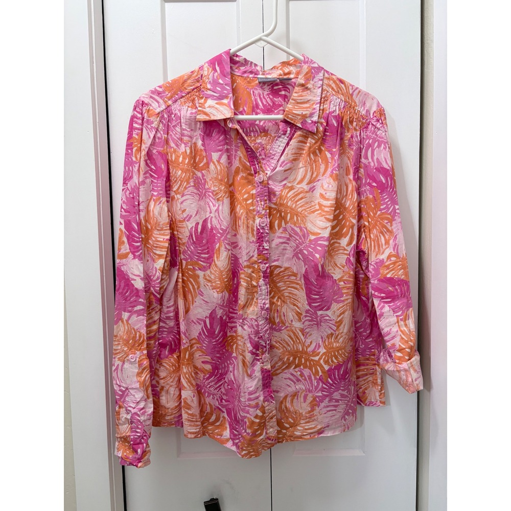 Laura Scott Pink Orange Tropical Leaf Print Roll Tab Button Down Shirt XL